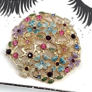 Vintage Rhinestone Enamel Multi-Flower Colorful Floral Garden Brooch, Gold Tone